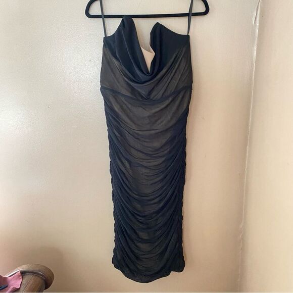 Michael Costello x REVOLVE India Midi Dress Black nude net strapless ruched XL - Picture 10 of 13